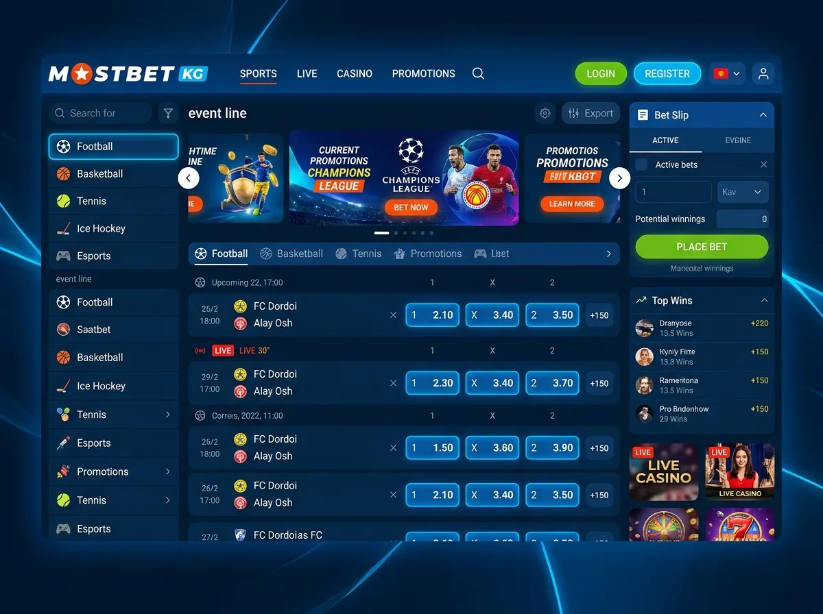 Главный экран платформы Mostbet KG — интерфейс ставок на спорт с линией событий, ночной стиль, синий интерфейс, динамичное настроение