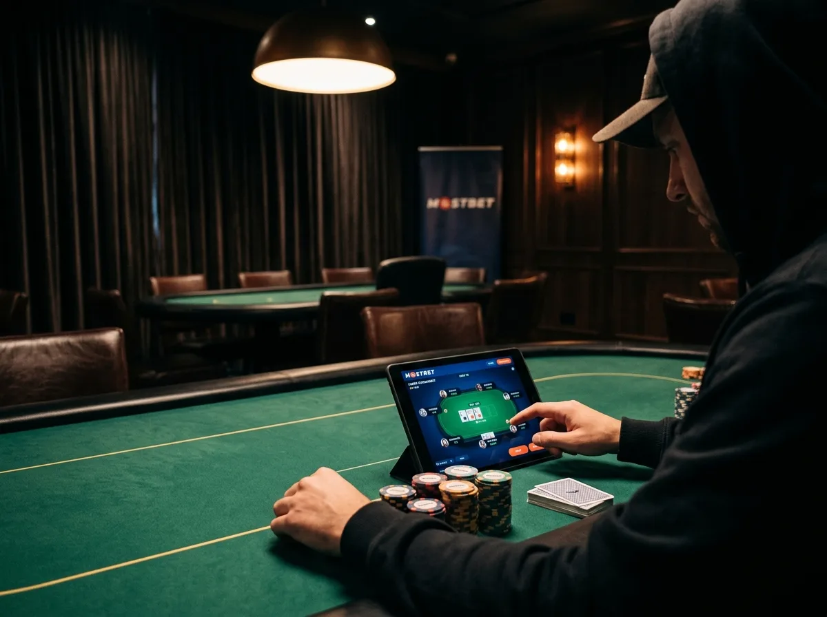 Тото и покер онлайн на Mostbet — карточный стол с фишками, онлайн турнир, тёмная стильная обстановка